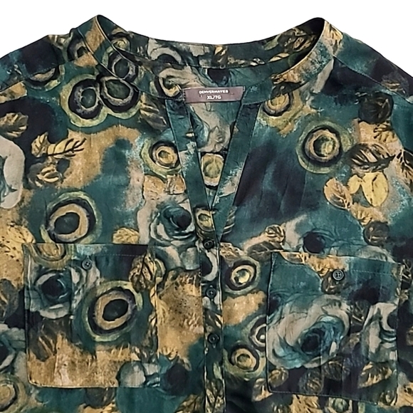 Denver Hayes Abstract Green Tan Floral Print Lightweight Semi Sheer Blouse Sz XL - Picture 5 of 13
